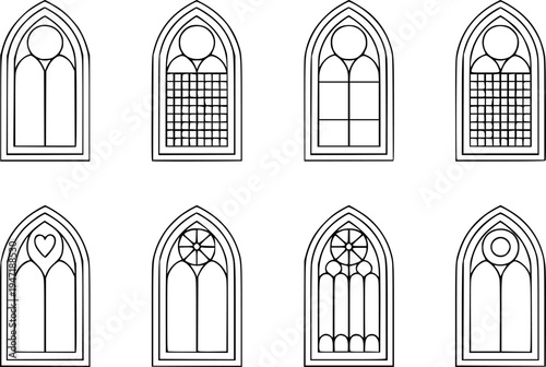 Collection of Gothic arched windows with various decorative tracery