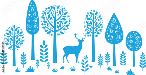 Blue silhouette of a deer standing among trees and foliage in a forest landscape scene