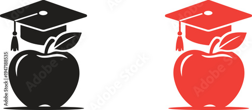 Apple with Graduation Cap Education Symbol, Back to School Teacher and Academic Learning Concept, Bold Minimalist Vector Silhouette