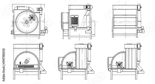 Grain Dryer Blueprint Vector – Agricultural Grain Drying Machine Multi-View Technical Line Drawing Isolated on White