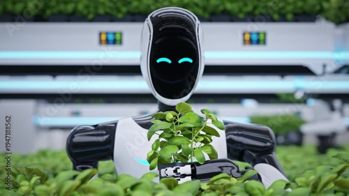 Wallpaper Mural Advanced AI-powered humanoid robot inspecting a plant in a fully automated greenhouse. Smart farming and AI robotics concept. Future sustainable agriculture technology. 3d animation rendering Torontodigital.ca