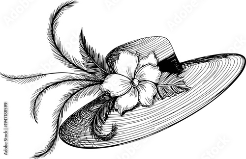 Vintage wide brim hat adorned with delicate flower and flowing feathers fashion accessory