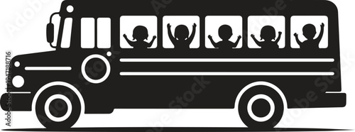 School Bus with Children Silhouette Back to School Transportation Vector Icon
