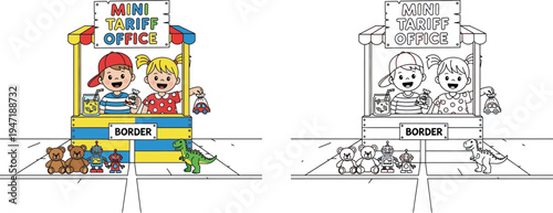Kids Mini Tariff Office at the Border Playful Illustration of Trade and Customs