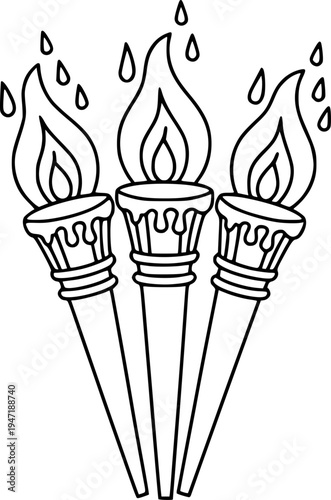 Outline Torches with Dripping Wax and Flames White Background fire light
