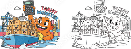 Tariff Monster with Calculator Attacking USA Cargo Ship Economic Trade Threat Cartoon