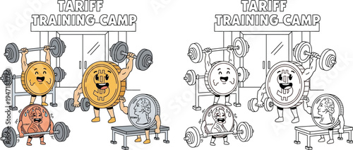 Tariff Training Camp Cartoon Coins Exercising with Weights to Symbolize Economic Strength and Trade Policy