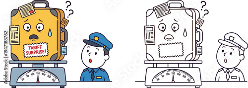 Tariff Surprise at Customs Overweight Luggage on Scale with Officer Economic Travel Cartoon