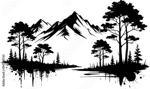 Black silhouette of pine trees and mountains reflected in water a white background