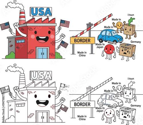 USA Factory vs Sad Imported Goods at Border Economic Trade and Protectionism Cartoon