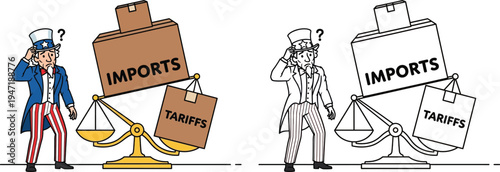 Uncle Sam Ponders Trade Imbalance Imports vs Tariffs on a Scale Economic Policy Cartoon