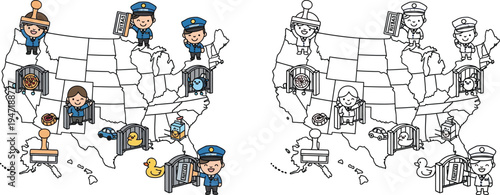 USA Customs and Tariffs Cartoon Officers Managing Trade at State Borders