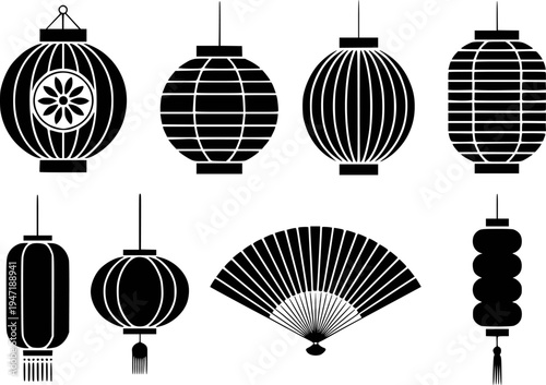 Collection of black silhouette traditional Asian lanterns and folding fan