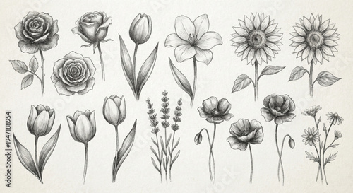 Collection of Hand-Drawn Botanical Illustrations Featuring Various Flowers and Plants in Pencil Sketch Style