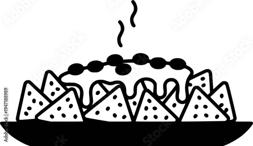 Black and white of steaming nachos with melted cheese and black beans a plate food