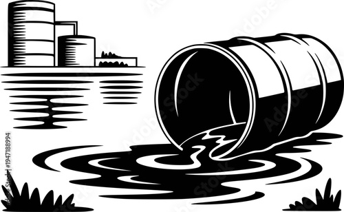Industrial oil barrel spilling liquid onto water with refinery tanks in background