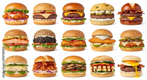Assorted burgers displayed in a grid format with various ingredients and toppings
