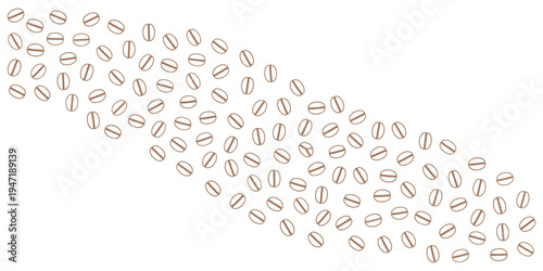 A large number of coffee beans are scattered diagonally across a plain white surface in a wavy pattern on transparent background