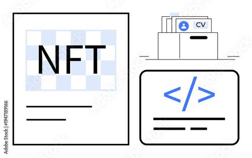NFT concept. NFT theme combined with coding and file management in a modern digital style. NFT linked to blockchain usage, development, and tech organization. Perfect for blockchain, tech workflow