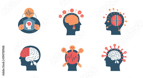 Set of 6 mental health icons vector, brain and head illustrations