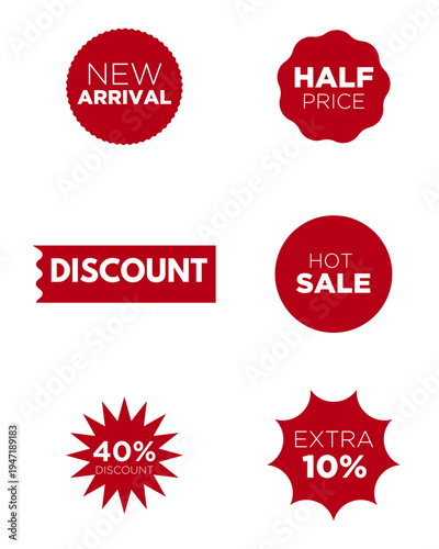 Red Sale Badge Sticker Set – Buy 1 Get 1, Buy More Save More, New Stock, Extra 10%, Half Price, Free Gift – Flat Vector Seal Stamp Label Retail Shopping Promotion Marketing Template