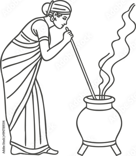 Traditional woman cooking in clay pot line art vector illustration, rural village life