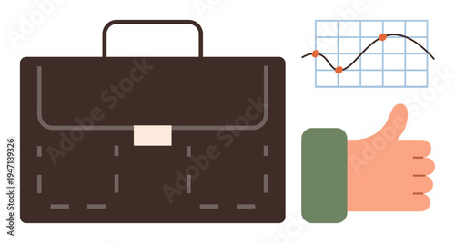 Business, finance, growth, productivity, professional goals, decision making. Brown briefcase, thumbs-up hand chart with rising trend. Business and growth concepts in professional success