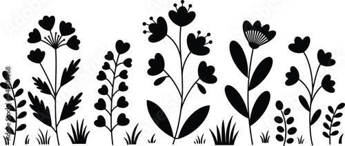 Black silhouette of various flowers and plants on white background with clear details and shapes