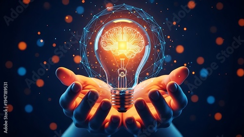 Glowing lightbulb with circuit board brain in hands