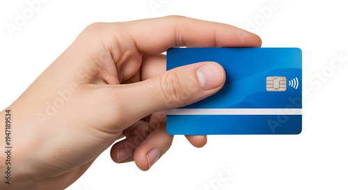 A hand holding a blue contactless credit card against a black background