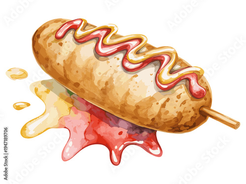 Watercolor illustration of corn dog with ketchup and mustard on stick with colorful paint splash