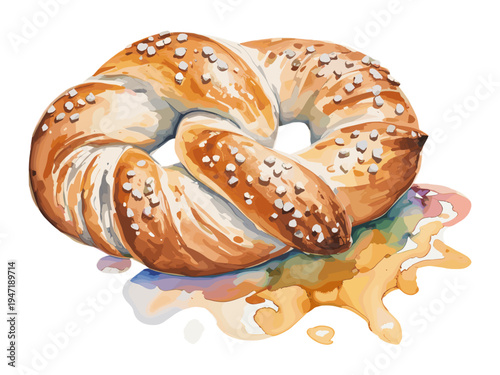 Watercolor illustration of pretzel bread with colorful paint splash