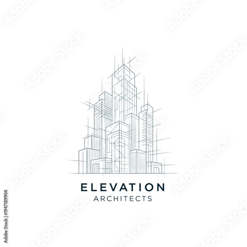 Elevation Architects Logo Design with Abstract Minimalist City Buildings Line Art, isolated white background.
