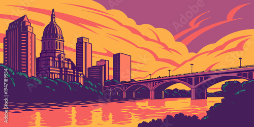 USA, US, U.S, United States - Austin skyline sunset panorama with river reflections and colorful sky
