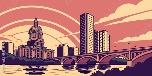 USA, US, U.S, United States - Austin skyline sunset panorama with river reflections and colorful sky
