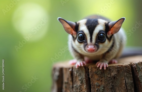 Small sugar glider with big eyes sits on wood log. Cute marsupial has black stripes on face and soft grey fur. Pet is looking forward in natural green blur background.