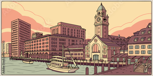 USA, US, U.S, United States - Boston harbor skyline sunset panorama historic waterfront architecture 
