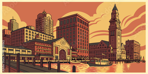 USA, US, U.S, United States - Boston harbor skyline sunset panorama historic waterfront architecture 
