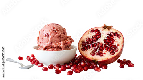 A refreshing scoop of pomegranate flavored ice cream served in a small bowl next to fresh fruit