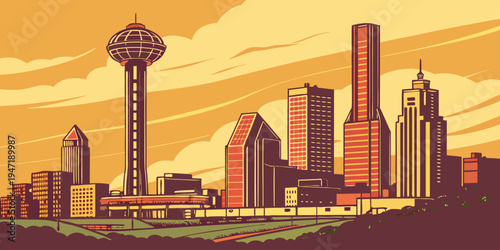 USA, US, U.S, United States - Dallas modern skyline sunset panorama glowing skyscraper lights
