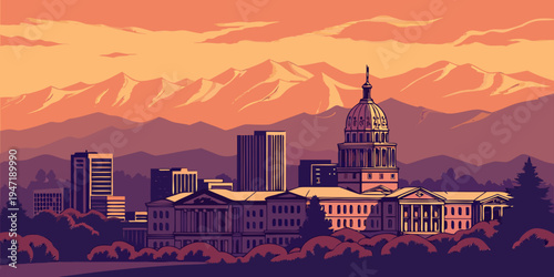 USA, US, U.S, United States - Denver skyline sunset panorama with Rocky Mountains backdrop
