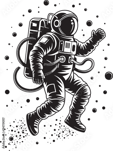 Astronaut floating in space with stars and planets around him