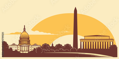 USA, US, U.S, United States - Washington, D.C. monument skyline sunrise panorama glowing memorial landmarks
