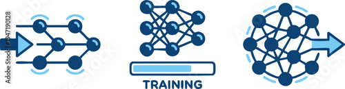 Set of 3 neural network icons vector, training, blue