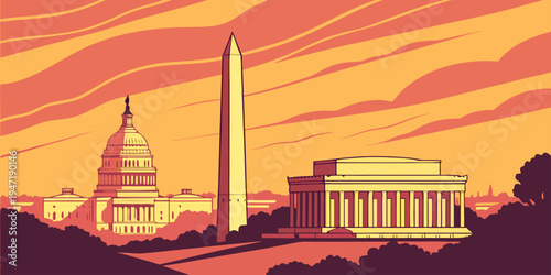USA, US, U.S, United States - Washington, D.C. monument skyline sunrise panorama glowing memorial landmarks
