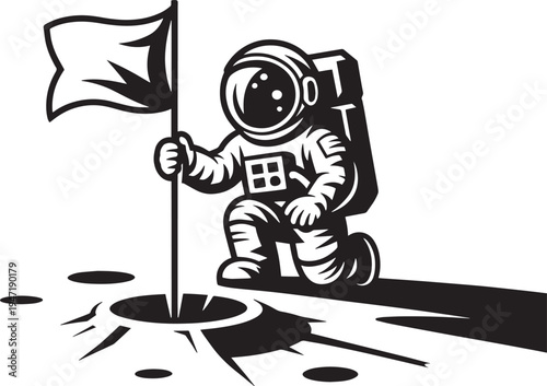 Astronaut landing on moon with flag, space exploration concept