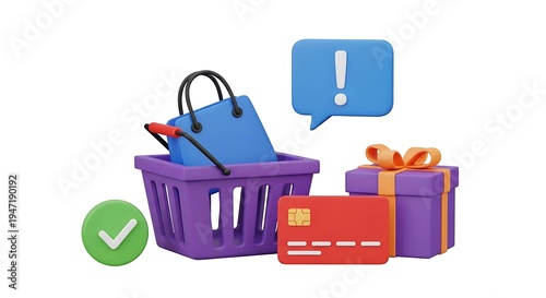 A Colorful Shopping Basket Filled with a Blue Handbag, a Gift Box, a Credit Card, and a Warning Sign