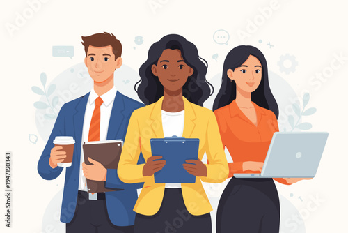 Diverse Team of Professional Business People Standing Together, Featuring a Man in a Blue Suit with Coffee, a Black Woman in a Yellow Blazer with a Clipboard, and an Asian Woman with a Laptop