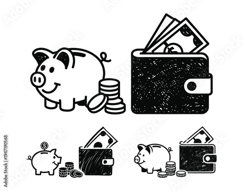 isolated black and white illustration of a piggy bank and wallets with money on transparent background