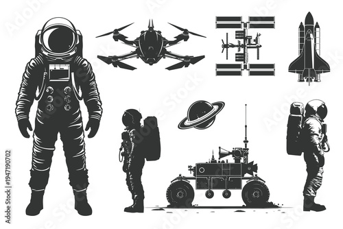 Space exploration icon set with astronaut spacesuit rover shuttle satellite and planet silhouettes
